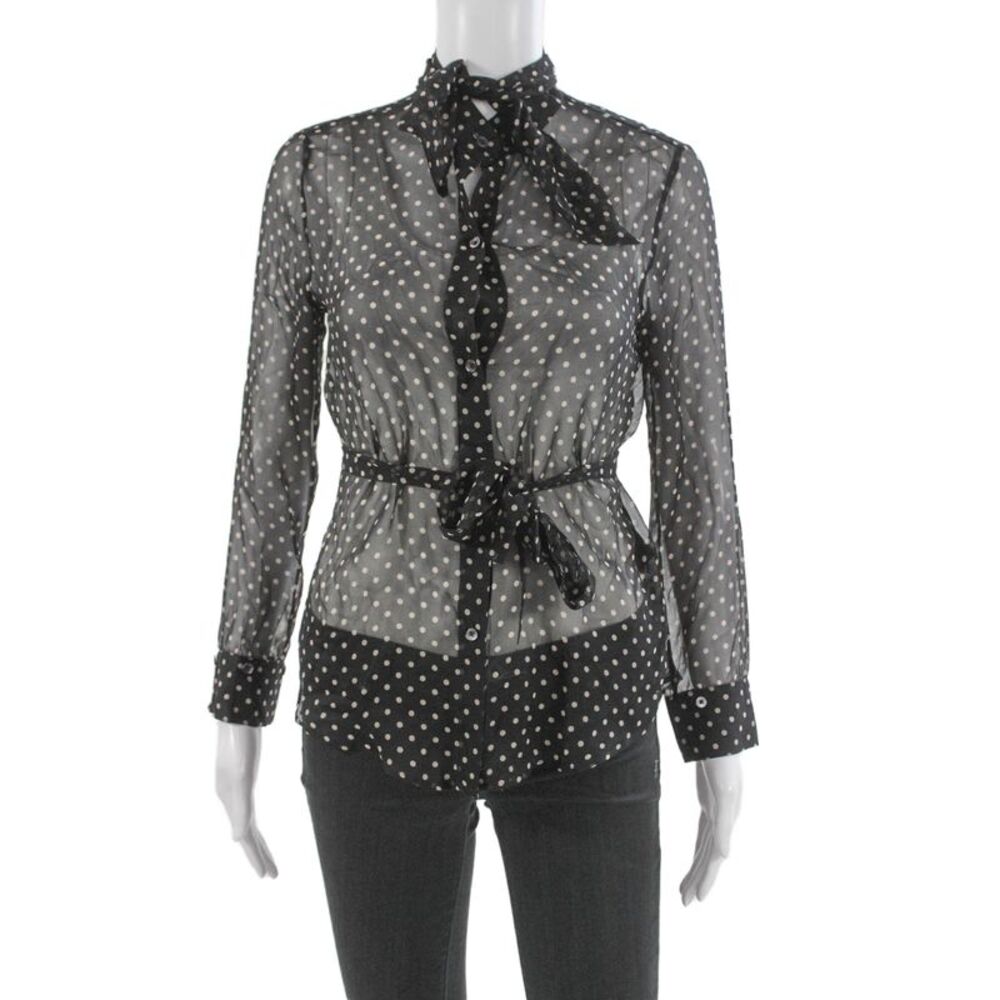 TWP Womens Silk Polka Dot Collared Long Sleeve Button Blouse Black Size XS